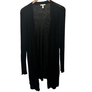 Eileen Fisher Sweater Organic Linen Blend Black Open Front Thin Knit Cardigan XL